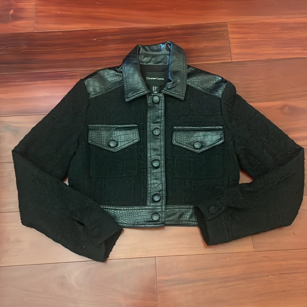 New Christian Lacroix Black tweed crocdile print patent leather pocket jacket